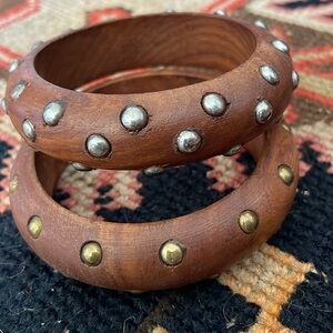 2 Wood Bangles Metal Accents Tacks Silver Brass Tribal Boho Gypsy Bracelets
